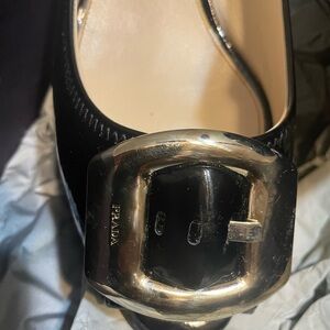 Prada Black Patent Leather Big Buckle Peep Toe Sz 40